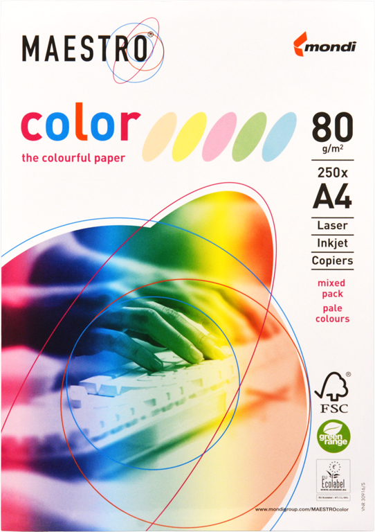 Kopierpapier A4, 80g, Pastell sortiert Maestro Color f. Laser, Inkjet u. Kopierer