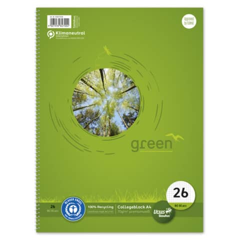 Staufen Green, Collegeblock - LIN26, A4, 80 Blatt, 70 g/qm, kariert mit Rand