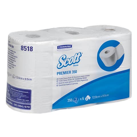 Kleinrollen Toilet Tissue - 3-lagig, geprägt, hoch weiß, Rolle mit 350 Blatt, 6 Rollen pro Pack