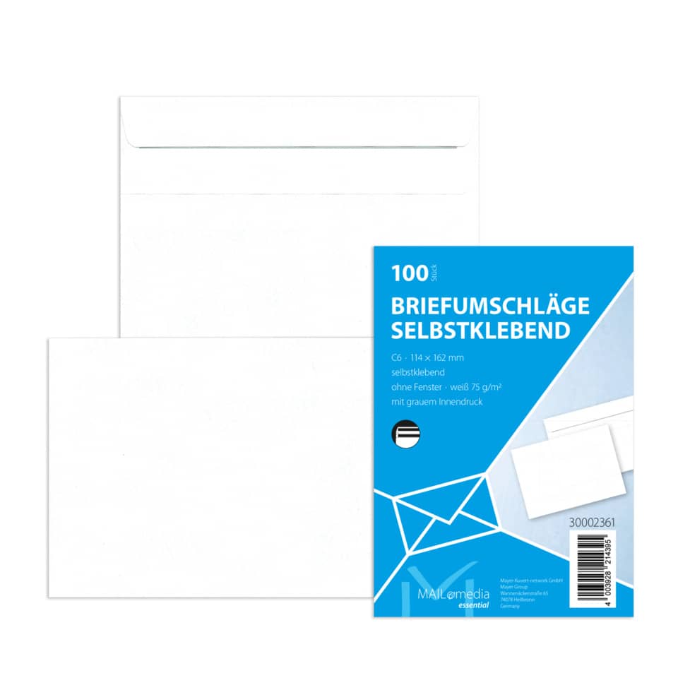 100x Briefumschläge C6 (114x162mm), ohne Fenster, weiß, selbstklebend, 72g