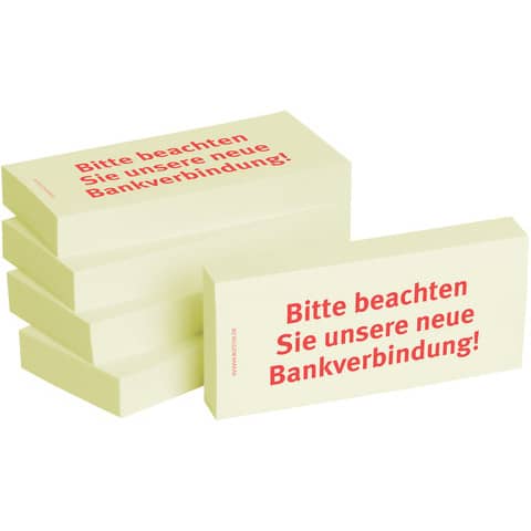 Haftnotizen "Bitte beachten Sie unsere neue Bankve rbindung" - 75 x 35 mm, 5x 100 Blatt