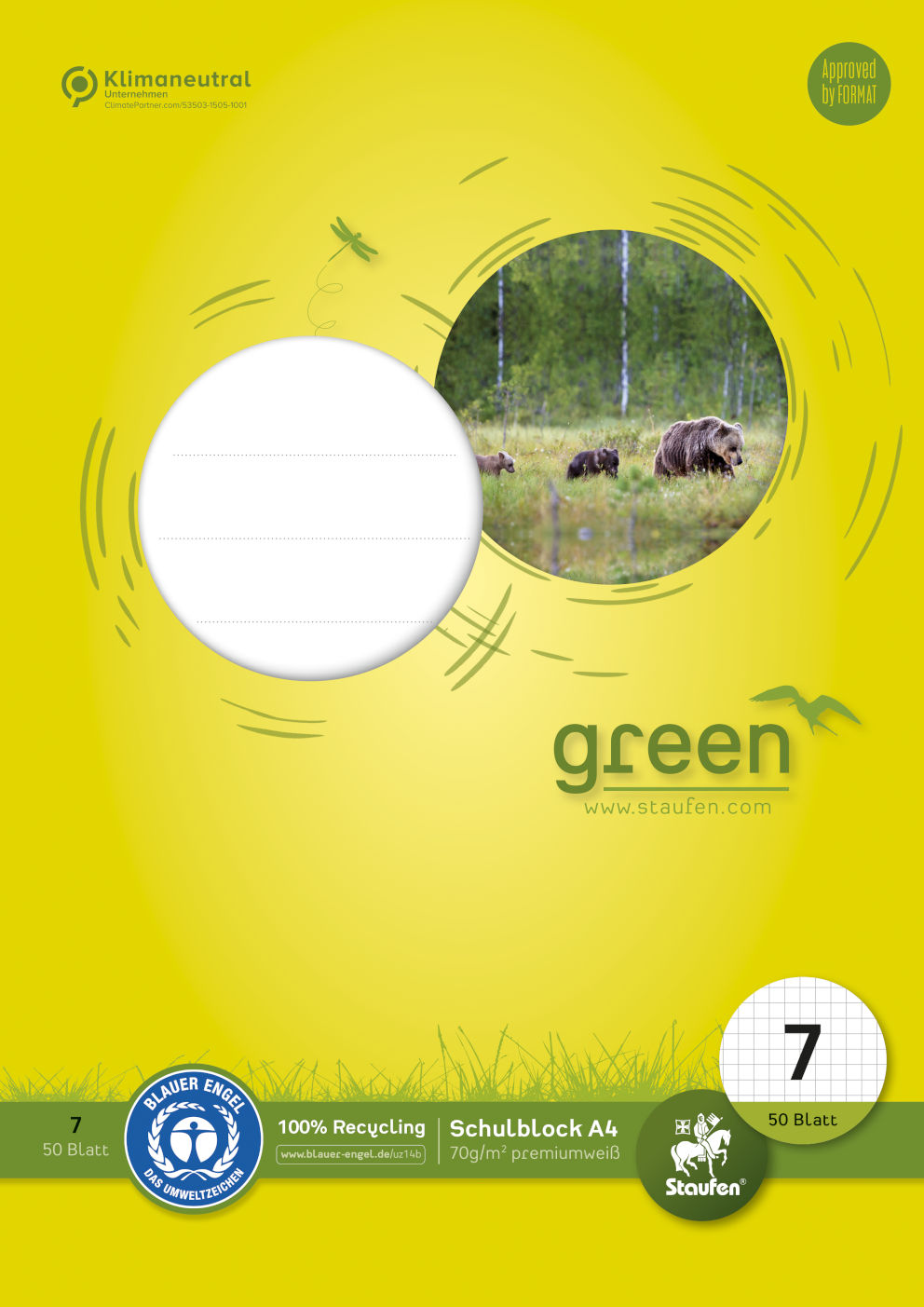 Staufen Green, Schulblock A4, 50 Blatt, 70 g/qm, 7mm kariert, Lin7