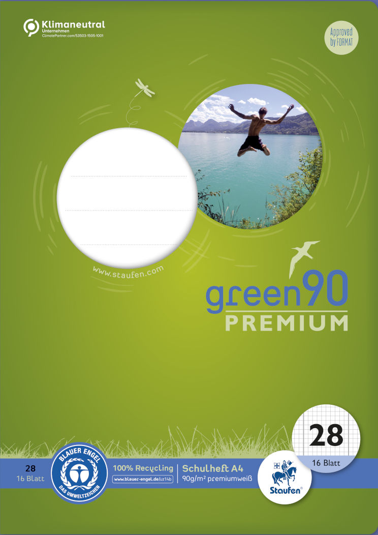 Staufen Green, Heft A4, 16 Blatt, 90 g/qm, kariert mit Randlinien, Lin28