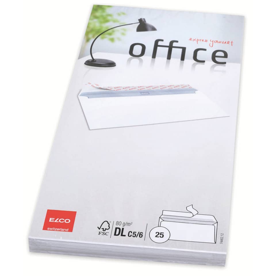 25x Briefumschläge DIN lang (110x220mm), ohne Fenster, hochweiß, haftkelbend , 80g, Elco Office