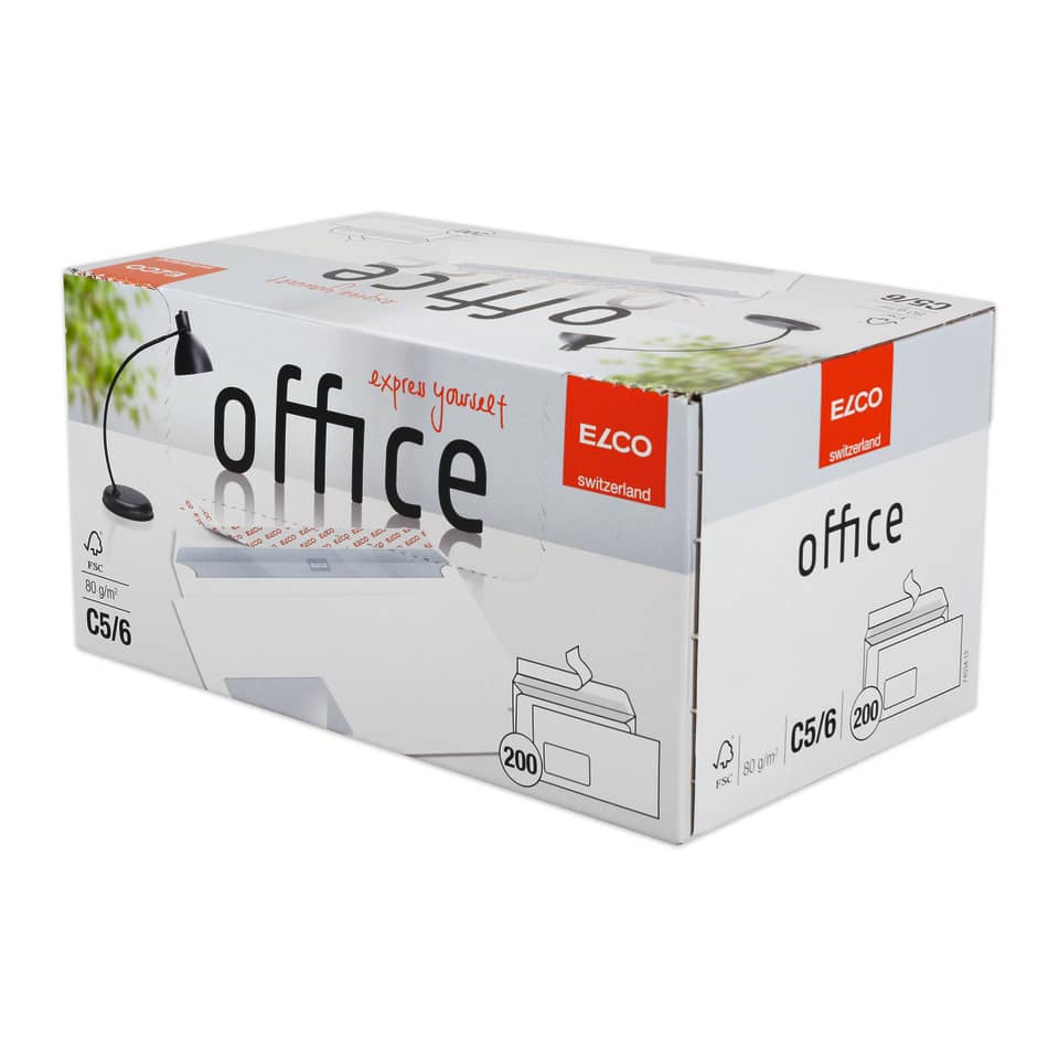 Briefumschlag Office in Shop Box - C5/6, DIN Lang, hochweiß, haftklebend, mit Fenster, 80 g/qm, 200 Stück