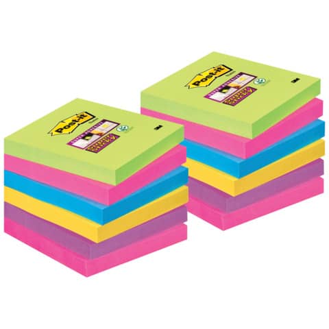 Haftnotizen Super Sticky Notes Ultrafarben - 76 x 76 mm, 12x 90 Blatt