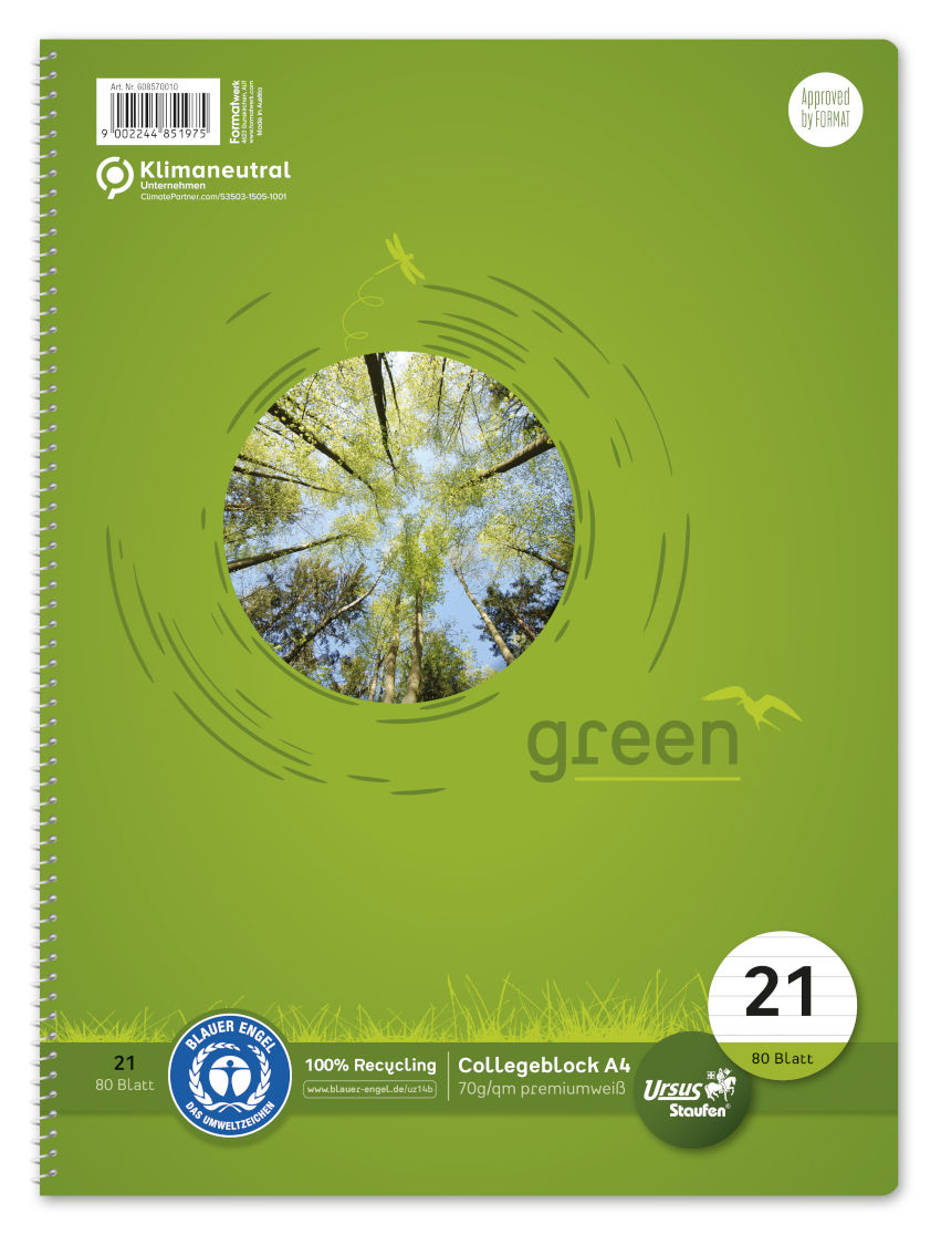 Staufen Green, Collegeblock A4, 80 Blatt, 70 g/qm, liniert, Lin21