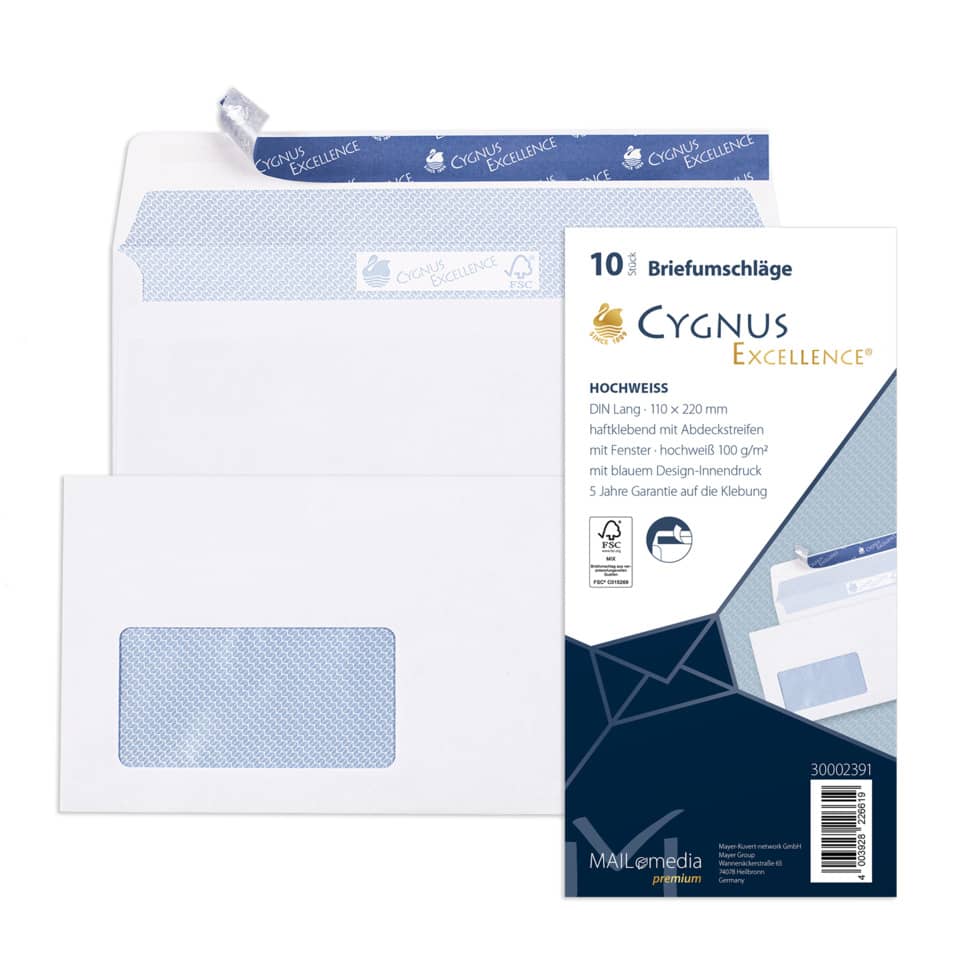 10x Briefumschläge DIN lang (110x220mm), mit Fenster, weiß, haftklebend, 100g,