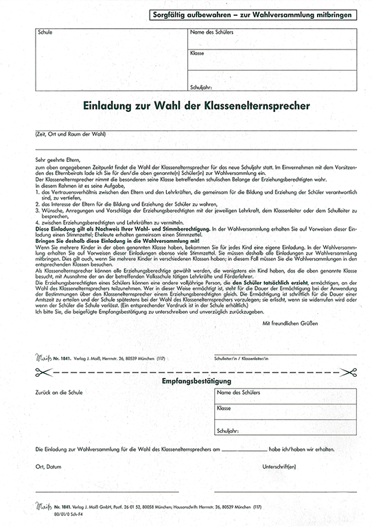 Einladung, deutsch Klassenelternsprecherwahl