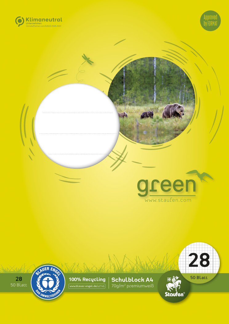 Staufen Green, Schulblock A4, 50 Blatt, 70 g/qm, 5mm kariert mit Randlinien, Lin28