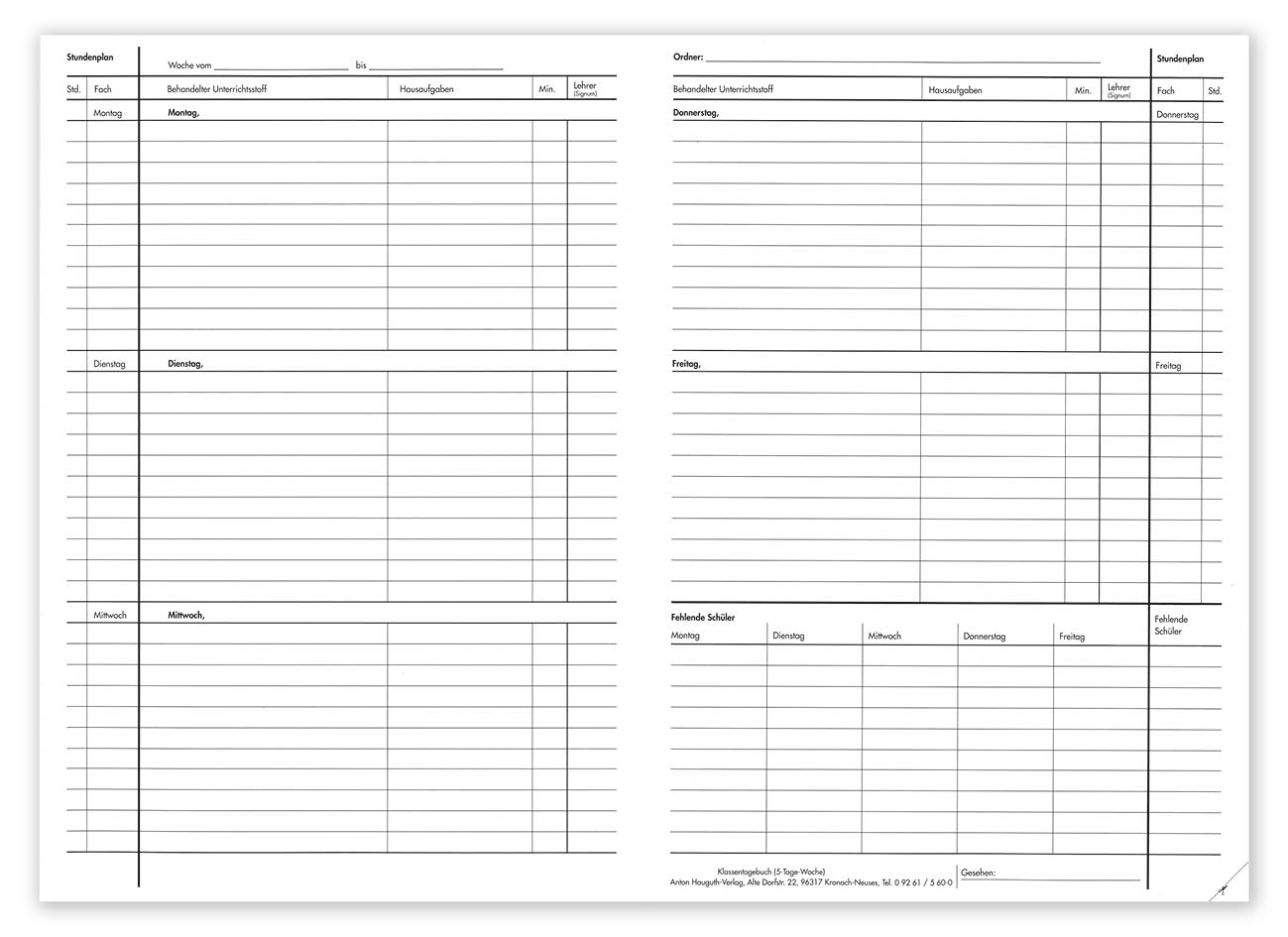 Klassentagebuch, Einband rot, 5 Tage, transp. nicht abgeschnitten