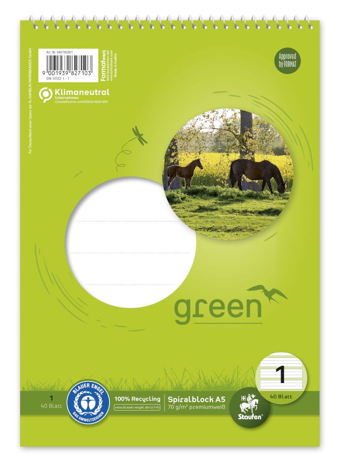 Staufen Green, Spiralblock A5 40 Blatt 70g/qm 5/5/5mm liniert farbig, Lin1