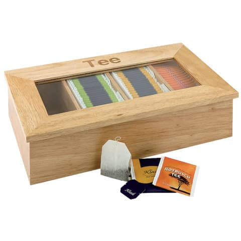 TEEBOX mit 4 Fächern, Aufschrift Tee, aus hellem H olz, mit Sichtfenster