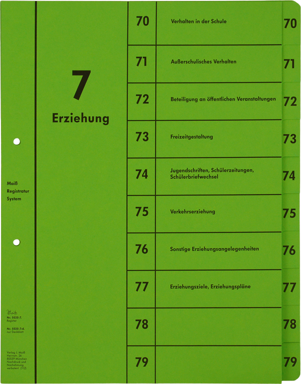 Register Gruppe 7 (70-79) Erziehung, incl. Deckblatt